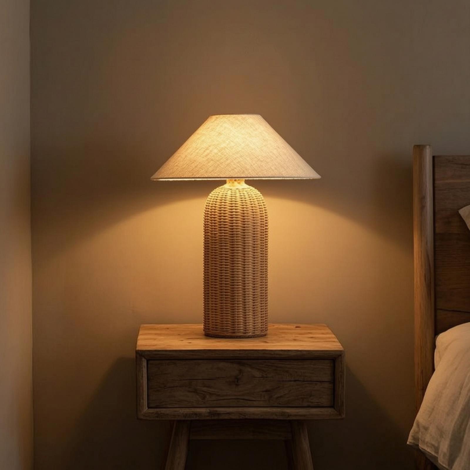 Home Textile - Nachttischlampe mit Rattanfuß und Stoffschirm, Dekorative